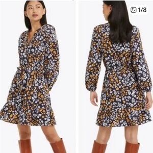 Draper James Navy Floral Long-Sleeve Dress with Mustard and White Flowers